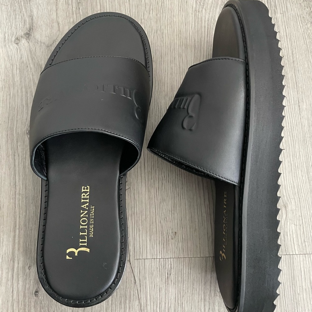 Billionaire Leather Flat Slide Sandals Black size 41 Casual Quiet Luxury